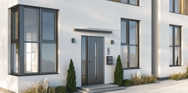 Schmales Vordach aus Aluminium und Glas über einer Haustür